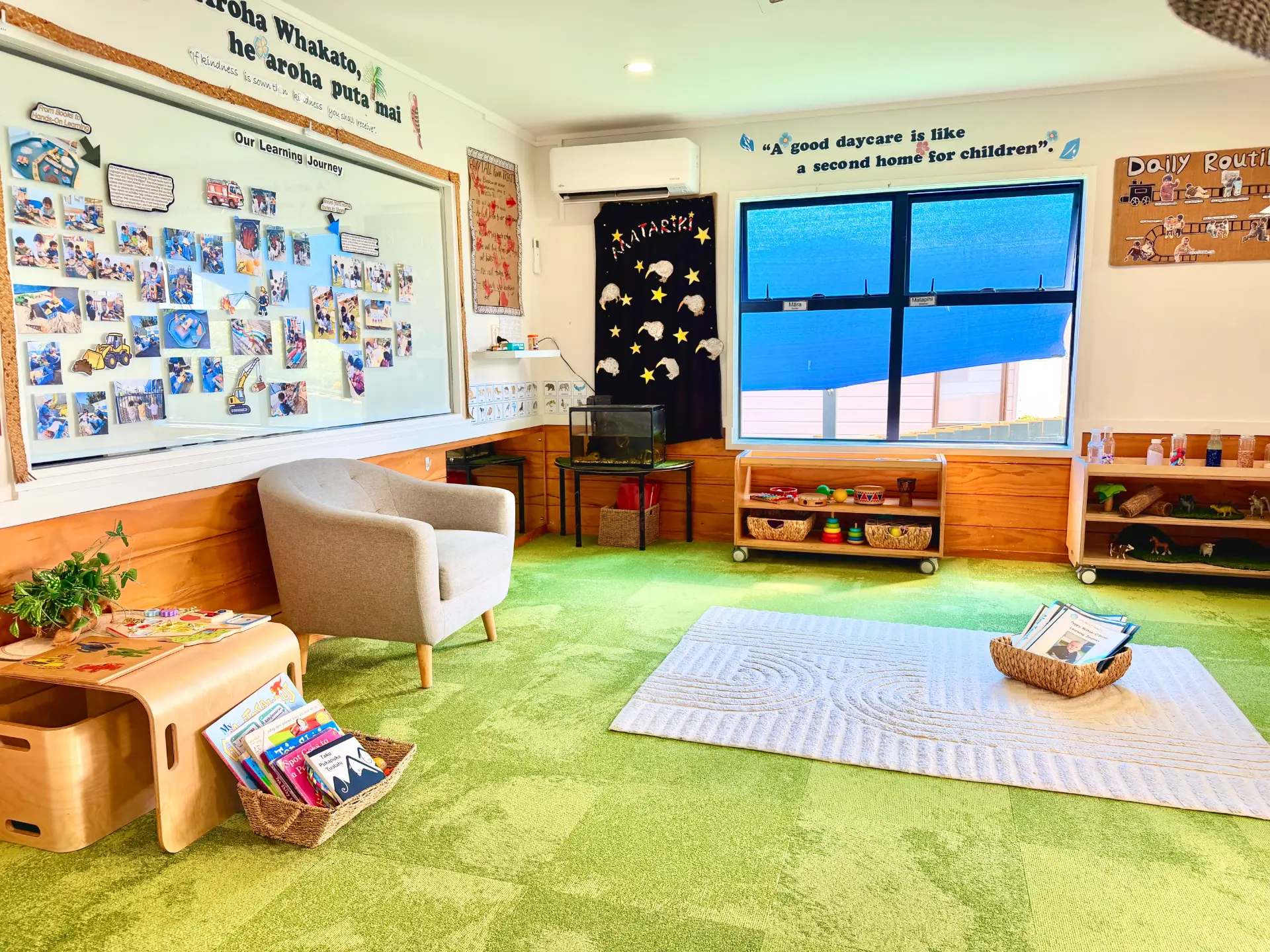 The book corner and learning journey wall in the Fantail Room at Growing Minds